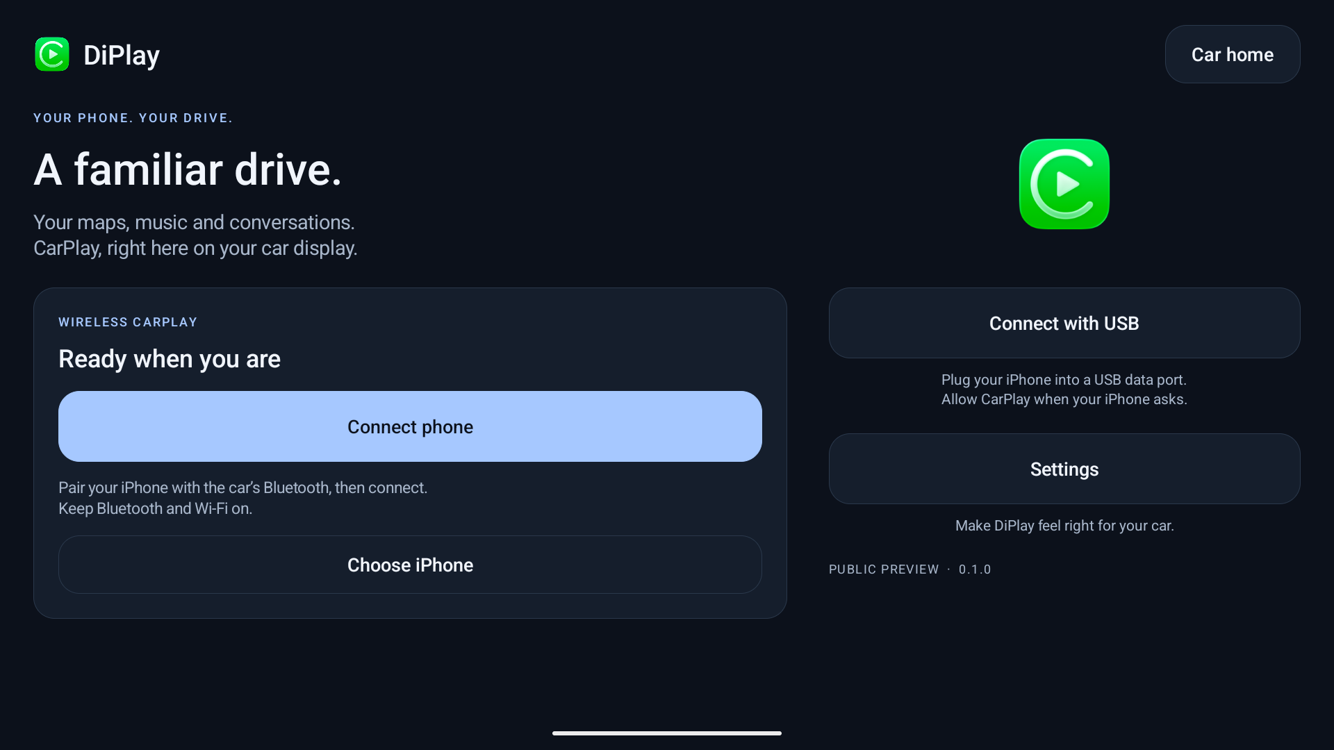 DiPlay车机端首页：无线连接、选择 iPhone 与 USB 连接入口